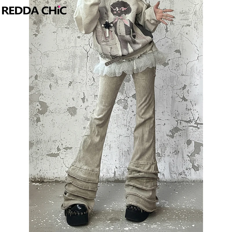 REDDACHiC Women Distressed Y2k Flared Jeans High Waist Ruffle Tiered Bootcut Tight Stretch Denim Pants Vintage Punk Streetwear