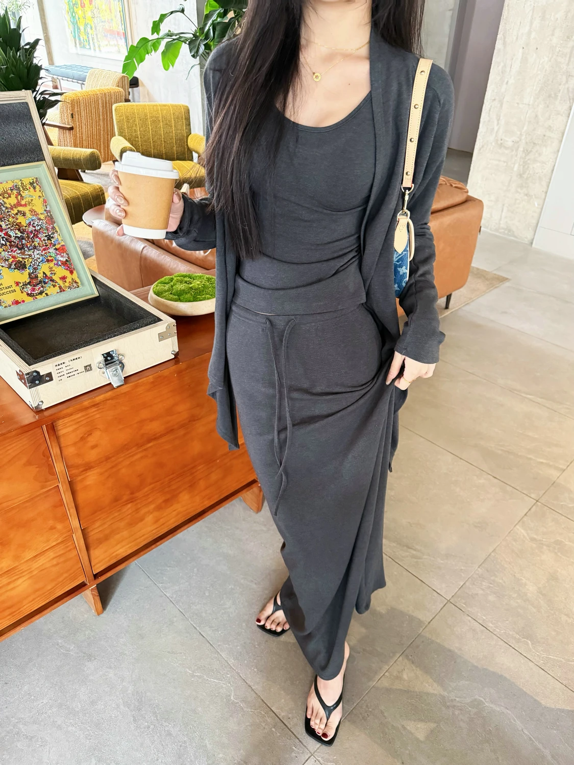 

Elegant Spring Cotton Long Sleeve Open Cardigan U-Neck Vest Drawstring High Waist Skirt Set for Women Comfortable Loose Style