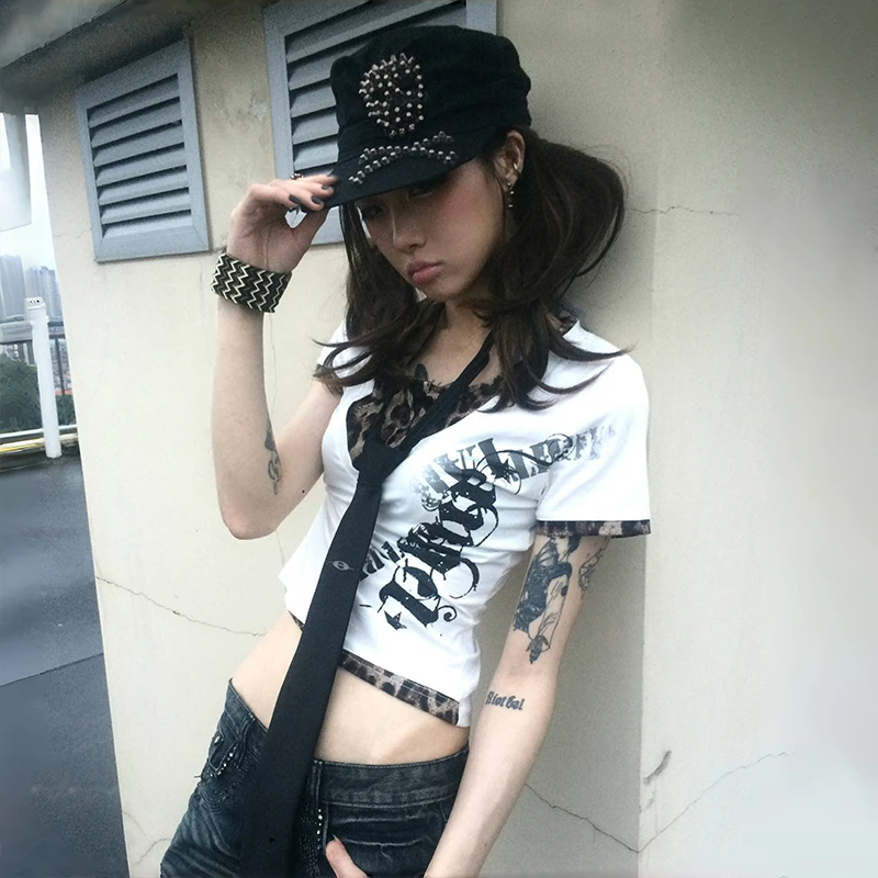 Karrram Japanese Y2k Fake Two-piece Tops Trashy 2000s Style Letter Print T-shirt Vintage Harajuku Leopard Patchwork Crop Top 90s