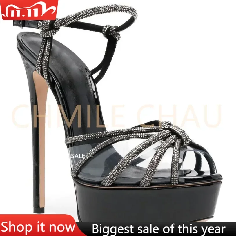 

【Measure your feet length before order】Crystal Strap Luxry Designer Women Sandal Stiletto High Heel Platform Dress Shoe 9-CHC-30