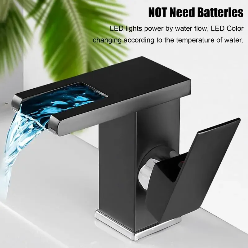 

Black LED Bathroom Basin Faucet Tap Cold And Hot Water Flow Power Produces Electricity Faucet Wash Sink Waterfall Faucet Tap