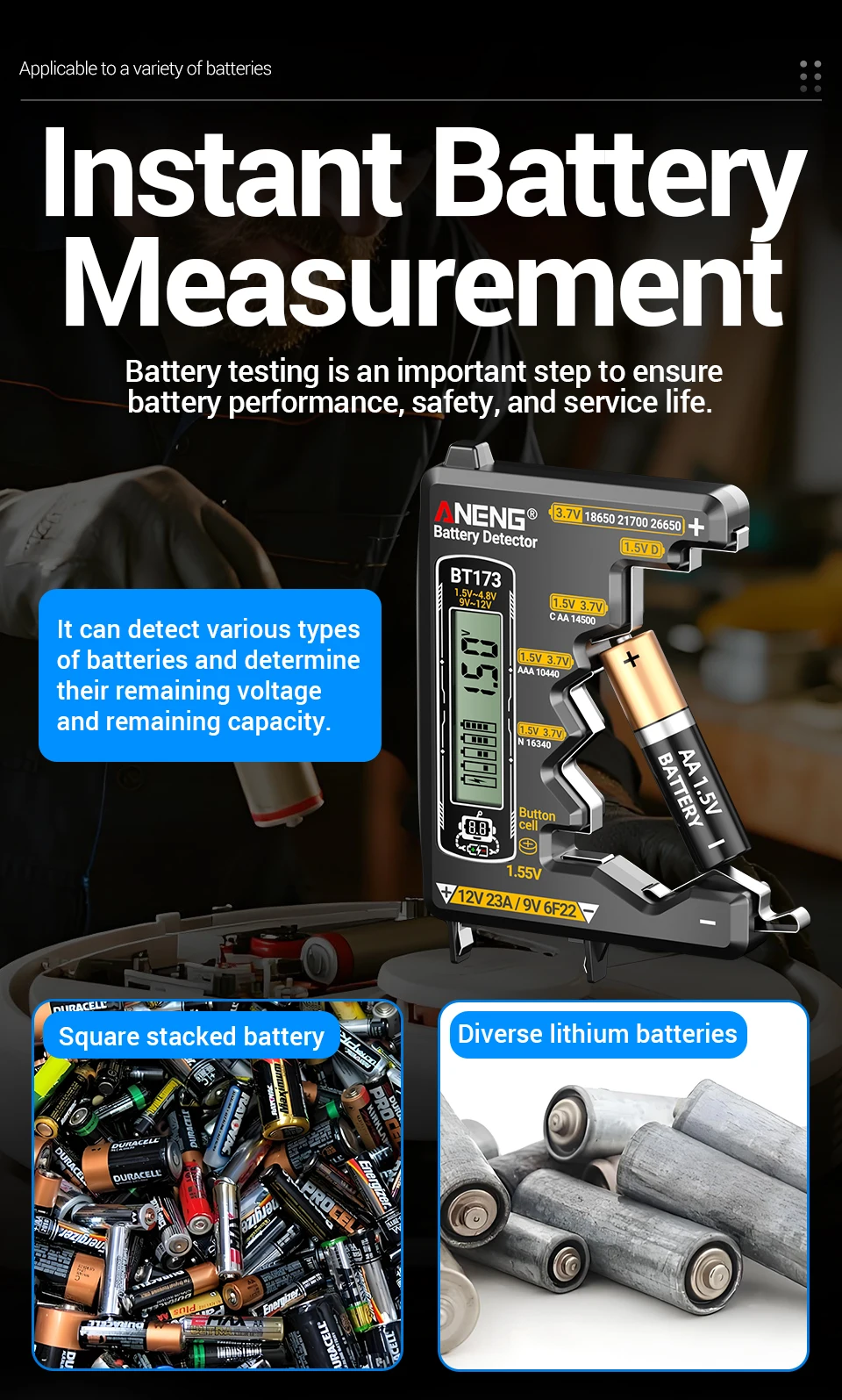 ANENG SZ305 Digital Multimeter AC / DC Spannungs-Ammeter-Kondensator hFE Triode NCV Spannungsinduktionsdetektor + BT173 Universal Digital Display Batterie-Tester Professioneller Elektriker-Werkzeuge-Kit – Detail 23