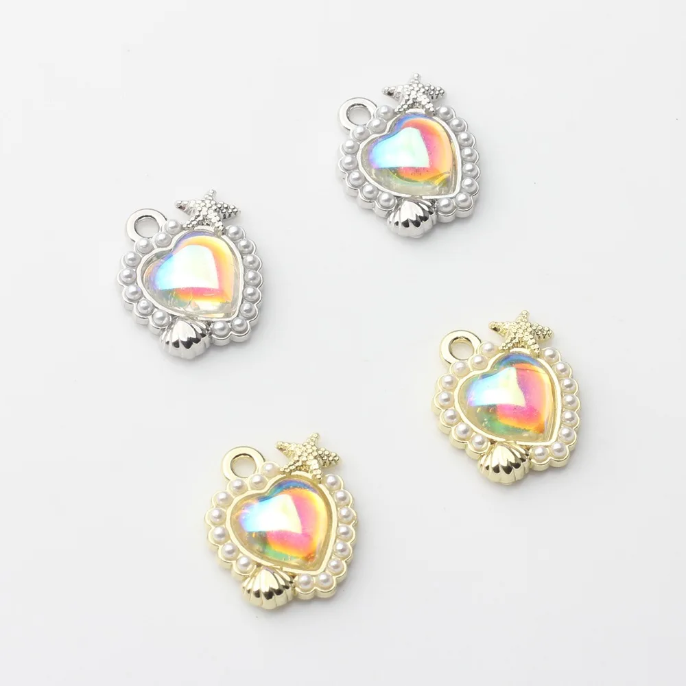 Pearl-Embedded Zinc Alloy Charms in Resin Heart Shapes for DIY Jewelry 10pcs/lot