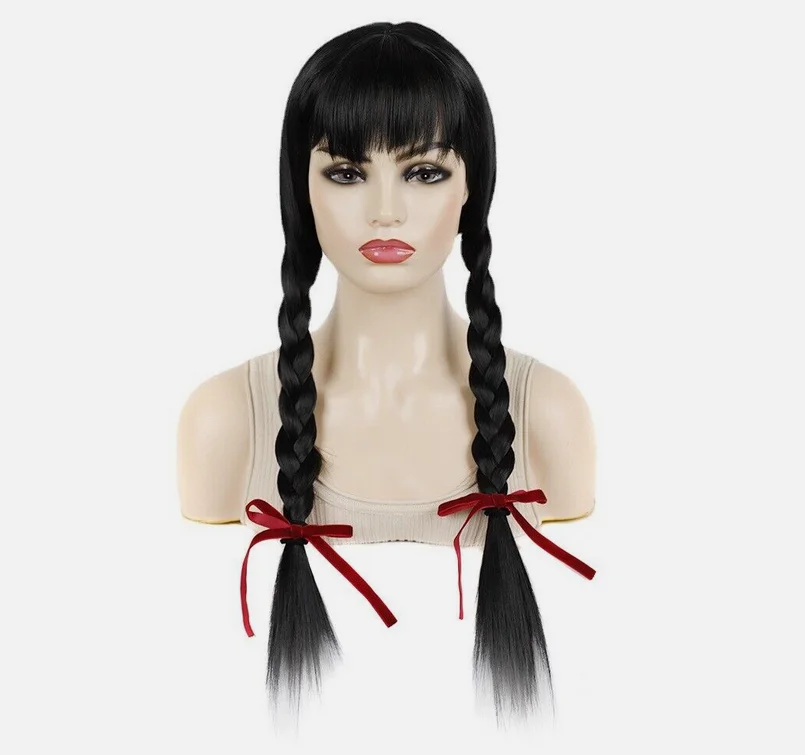 Long Black Hair Wigs with Bangs Two Braids Orange Wigs Costume Cosplay Party Wig