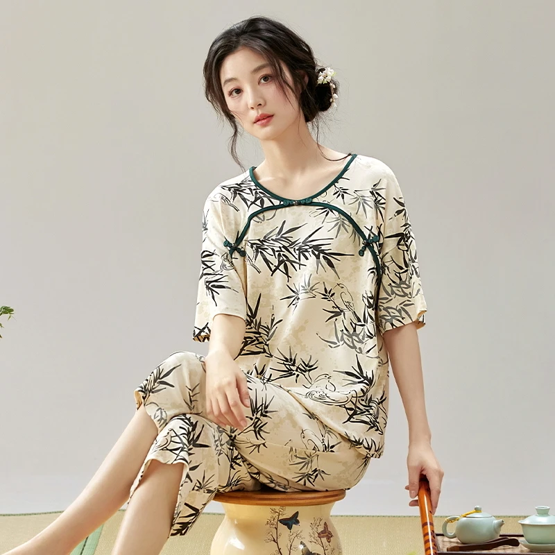 Ladies Sleepwear Cotton Knee-length Leisure Womens Pajamas Sets Chinese Cheongsam Style Printing Pyjama Clothing Nightwear Suit