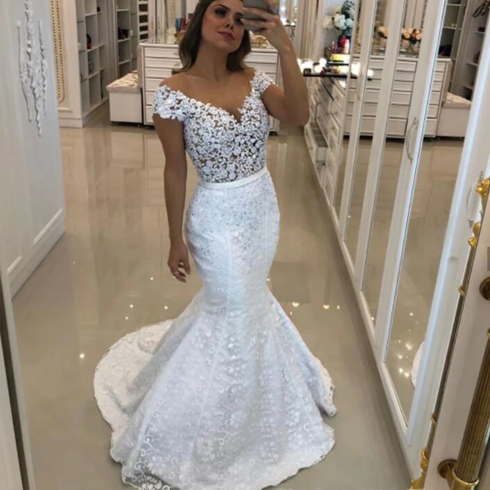 

ZJ9345 2024 Perles V-neck Mermaid Wedding Dress Gorgeous Lace Cap Sleeve With Pearls Custom Made Bridal Gowns Elegant