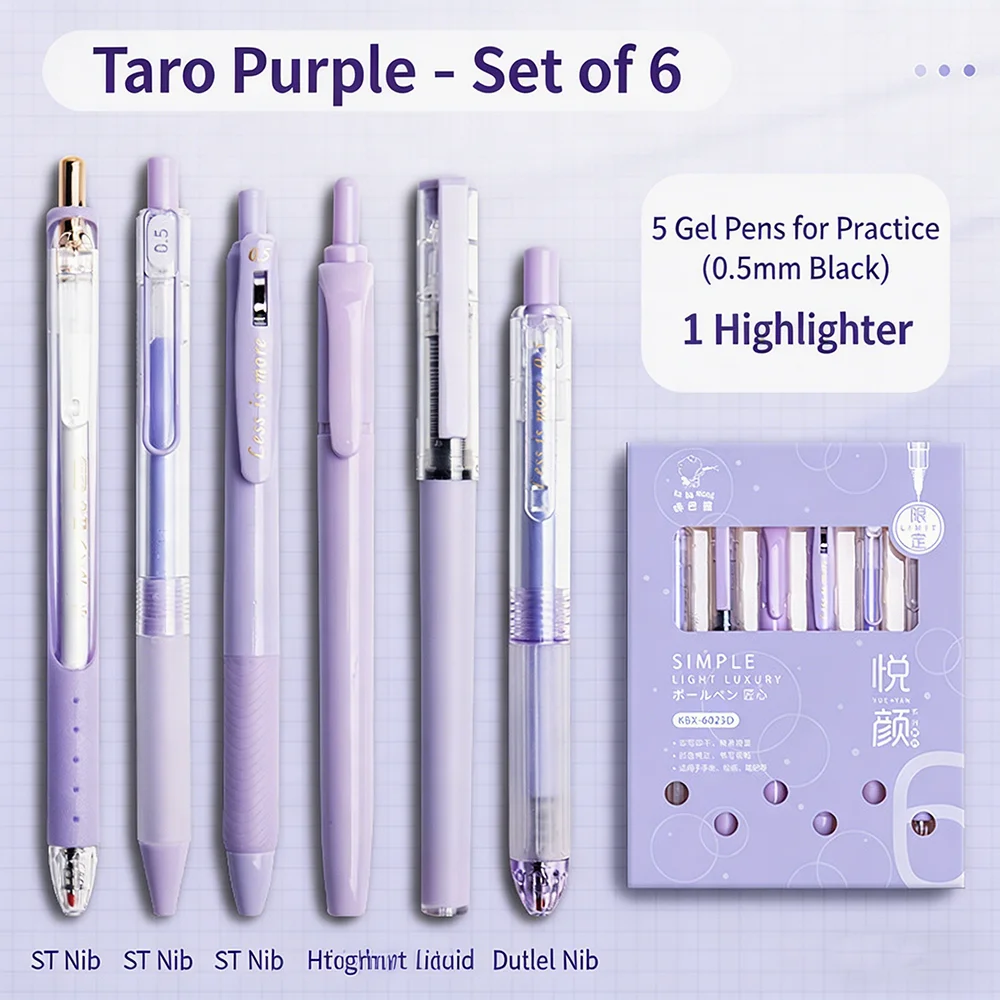 

6pcs Purple Aesthetic Gel Pens Set, 0.5mm Black Ink Fine Point Pens for Students & Office