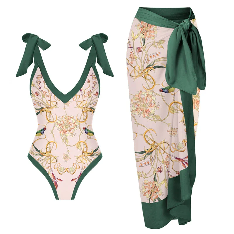 Bowknot Tie-shoulder Printed One Piece Swimsuit and Cover Up White Boho Printed Swim 2022 Luxury Shorts Bourkini Monokini Sexy