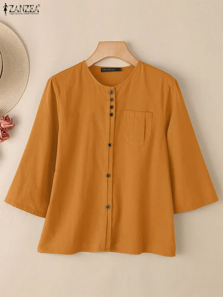 

Women's Vintage Cotton Linen Shirts Spring 2026 Casual O-Neck Long Sleeve Button Up Solid Color Shirt ZANZEA Woman Clothes S-3XL