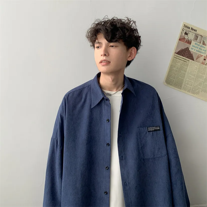 

Casual Long Sleeve Men's Shirt Vintage Hong Kong Style Simple Spring Autumn Trendy Outerwear Youth Popular Loose Fit Button down