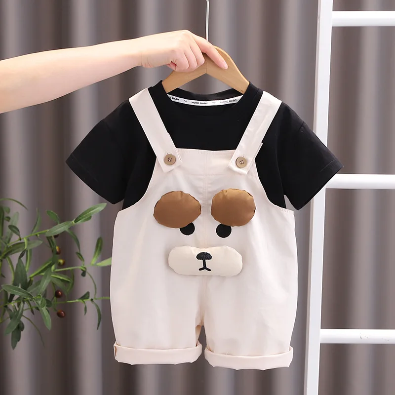 2023 Summer Baby Boy Clothes 1 to 5 Years Cartoon Black Short Sleeve T-shirts and Overalls Tracksuits for Kids Boys Outfit Set