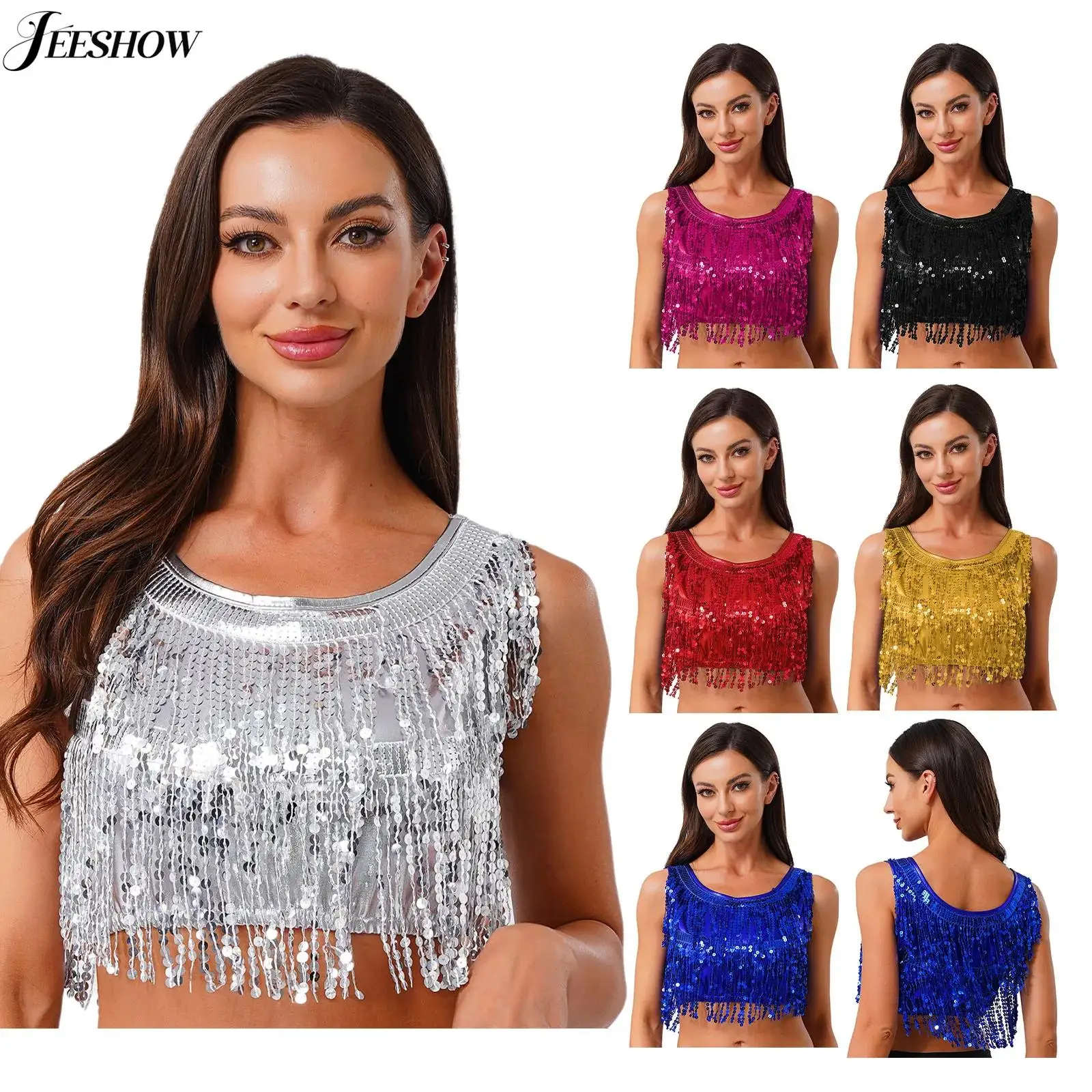 

Womens Sparkly Sequin Fringe Tank Top Shiny Metallic Tassel Round Neck Sleeveless Slim Fit Cropped Vest Top Disco Dance Blouse