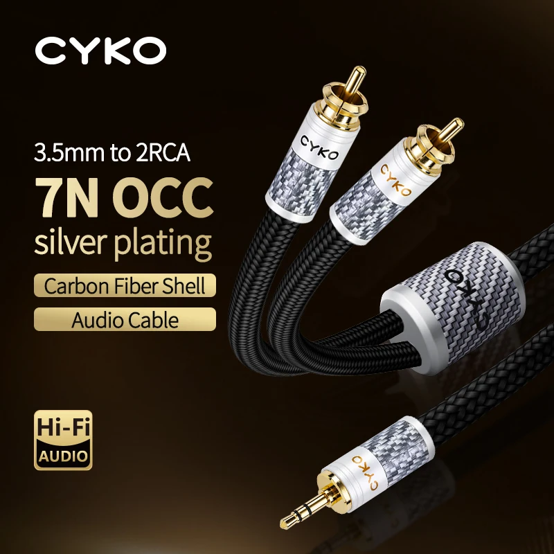 CYKO HIFI 3.5 مللي متر إلى 2RCA كابل الصوت مطلي بالفضة 7N OCC النحاس مطلية بالذهب التوصيل 3.5 مللي متر جاك لمكبرات الصوت فك التشفير