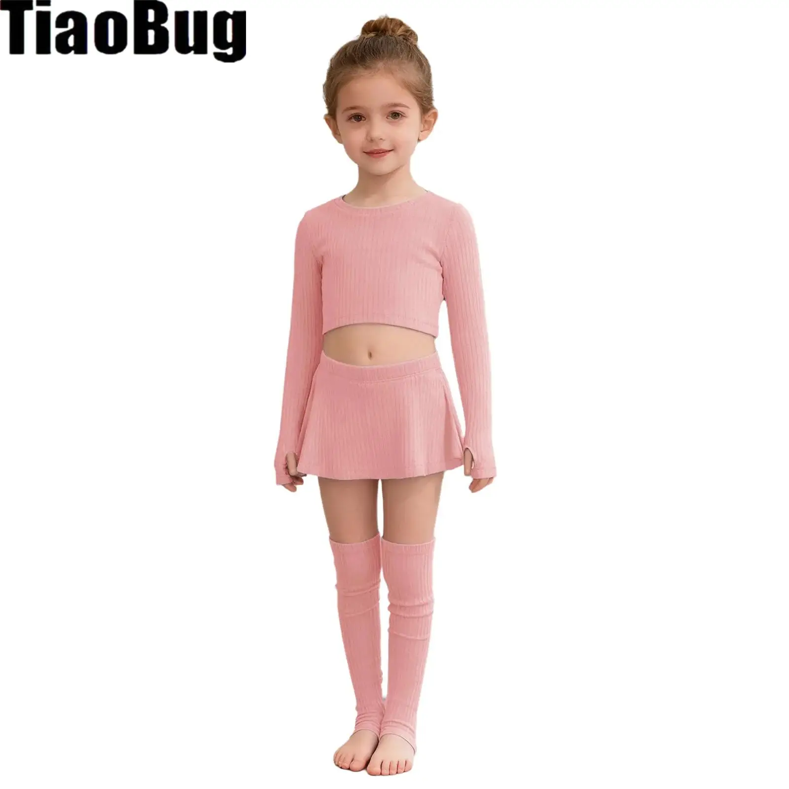 

Kids Girls Ballet Training Ribbed Outfit Long Sleeves Crop Top with Side Slit Skirt And Leg Warmers for Dance Practice Costume