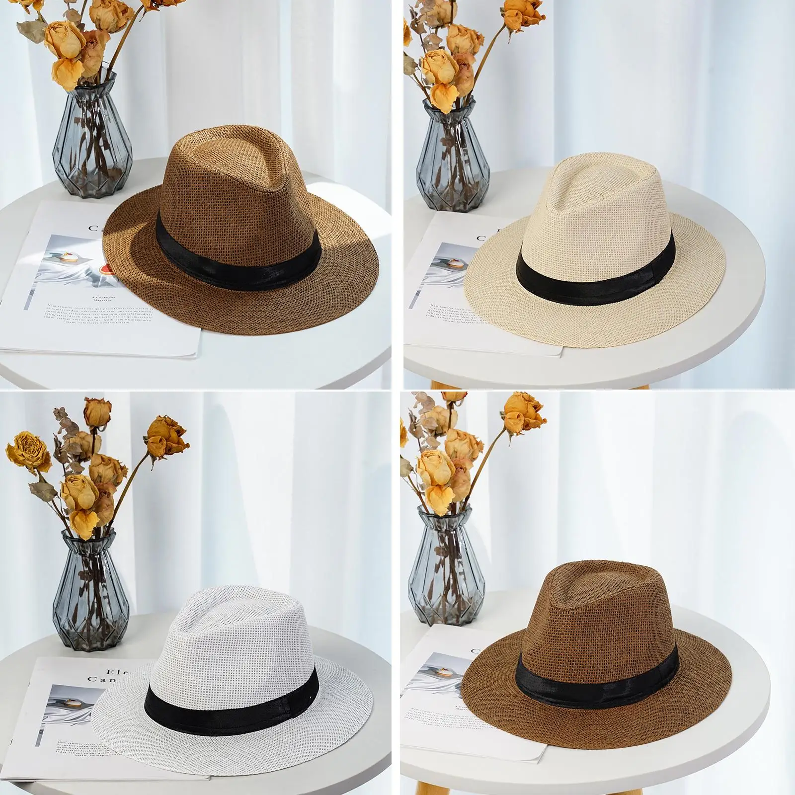 Hot Fashion Summer Casual Trendy Beach Sun Straw Panama Jazz Hat Cowboy Fedora Hat Gangster Cap Women Men Wedding Hat Wholesale