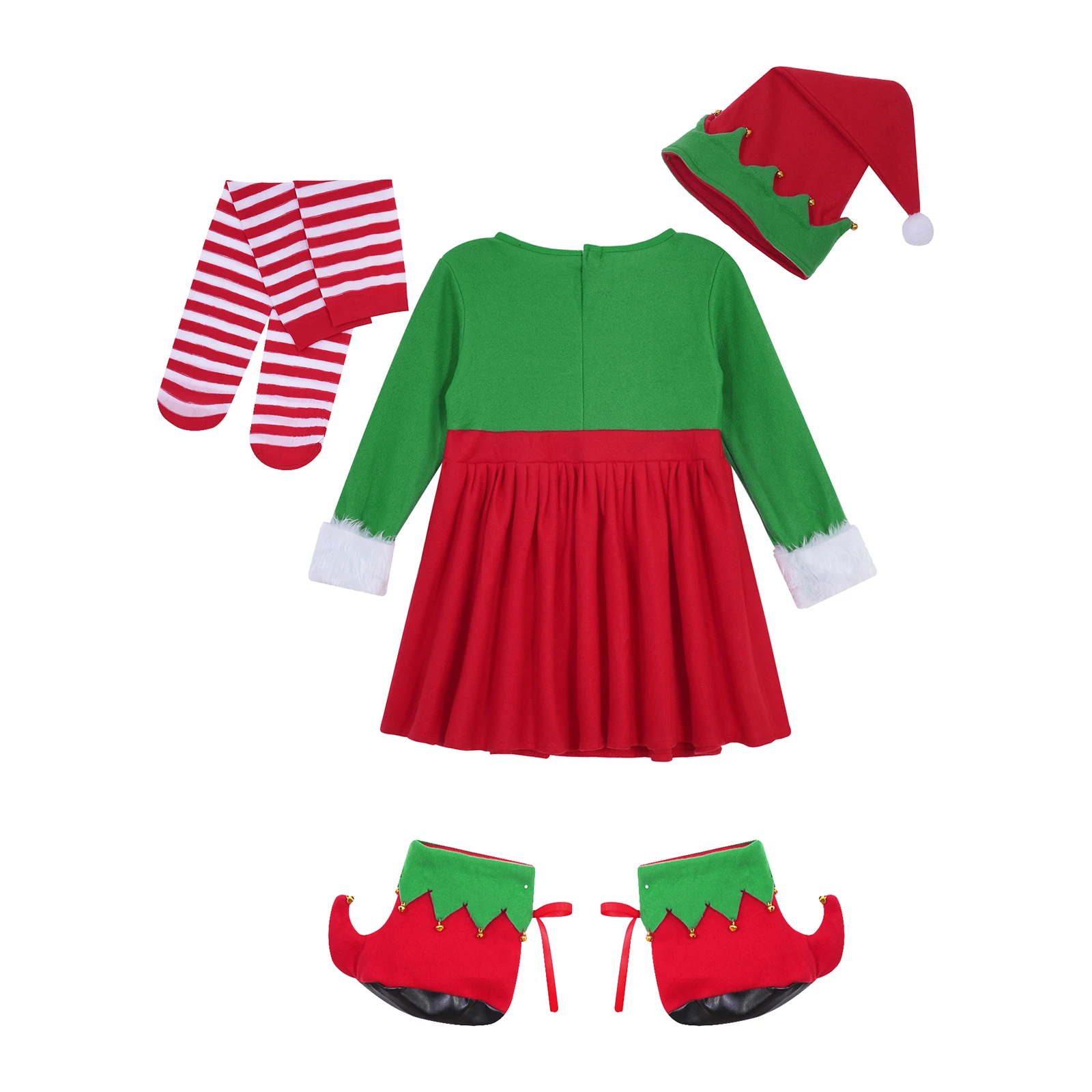 Natal Elf in Charge Traje para meninas, bonito Elf Cosplay, vestido com chapéu, sapatos cobrir, meias listras, roupas infantis, 4pcs