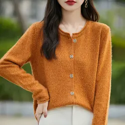 Autumn Winter Women New 100% Merino Wool Sweater Cashmere Curled O-neck Cardigan Colored Yarn Knitwear Bottoming Clothing Tops