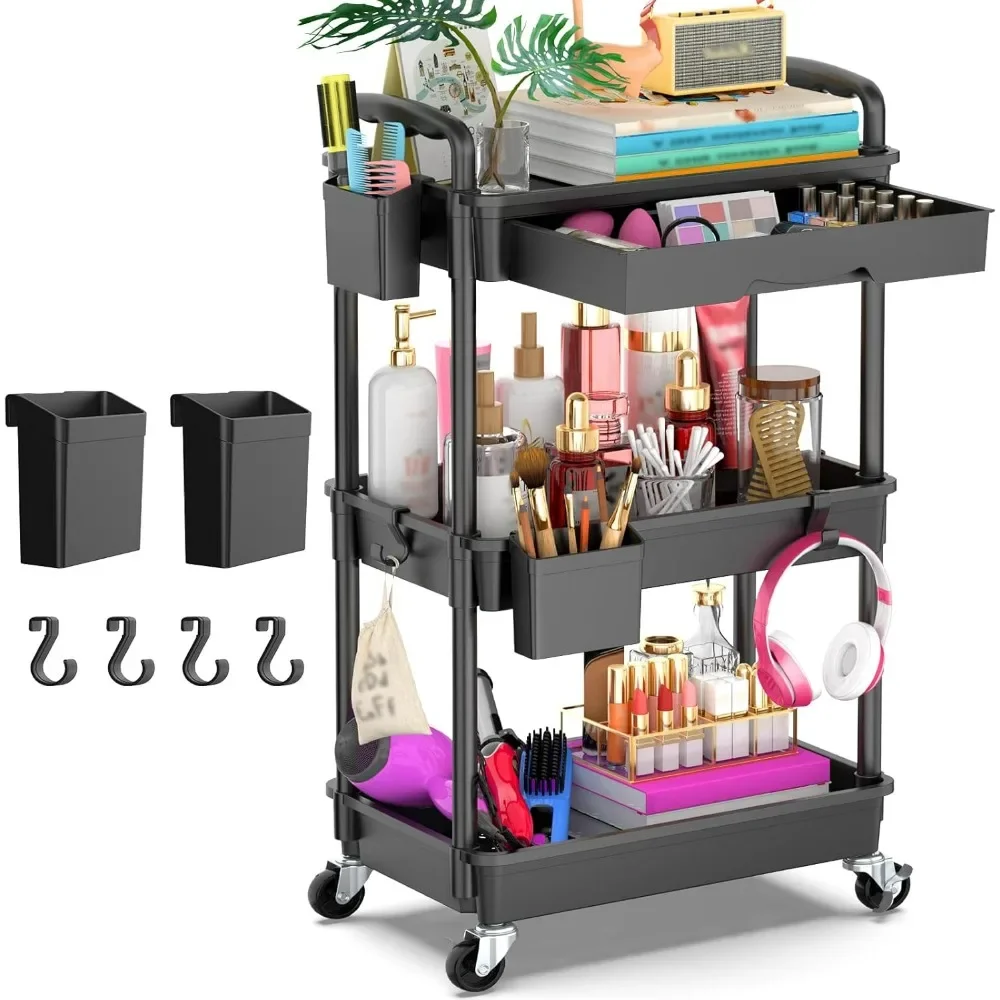 

3 Tier Rolling Utility Cart Organizer with Removable Drawer, Rolling Storage Carts with 2 Lockable Wheels, Salon Trolley