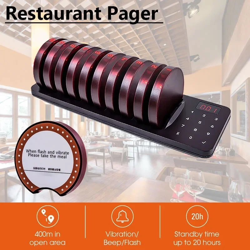 

Restaurant Pager Guest Paging Wireless Calling System 10 Vibrator Coaster Buzzer Beeper Receivers For Coffee Food Truck Bar