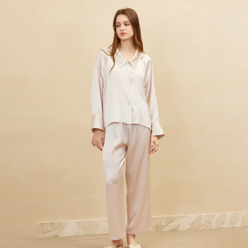 Spring Autumn 100% Mulberry Silk Pajama Set Luxury Silk Pajamas Suit for Women Long Sleeved Pants Two Piece Casual Home Wear Set