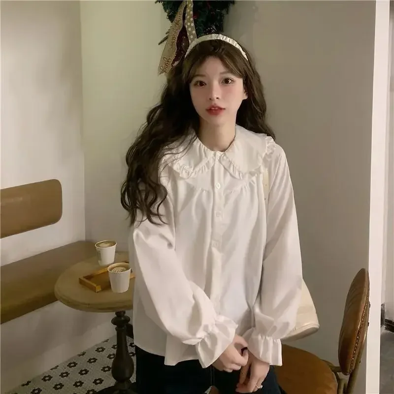 Gidyq Vintage Women White Shirt Preppy Style Fashion Elegant Female Long Sleeve Blouse Y2K Sweet Kawaii All Match Shirts