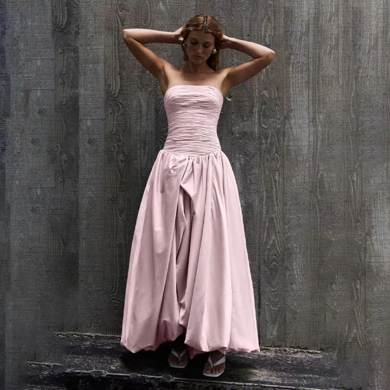 

Pink Women Dresses Split A Line Strapless Spring Prom Dress Off Shoulder Draped Pleat Sleeveless Wedding Evening Gowns Long