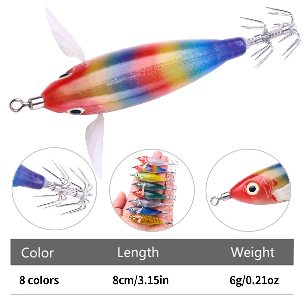 Eggi Set Squid Hooks squid trolling Lure with wingArtificial Plastic Squid Sea Boat Fishing Cuttlefish Bait Luminous 8cm/6g