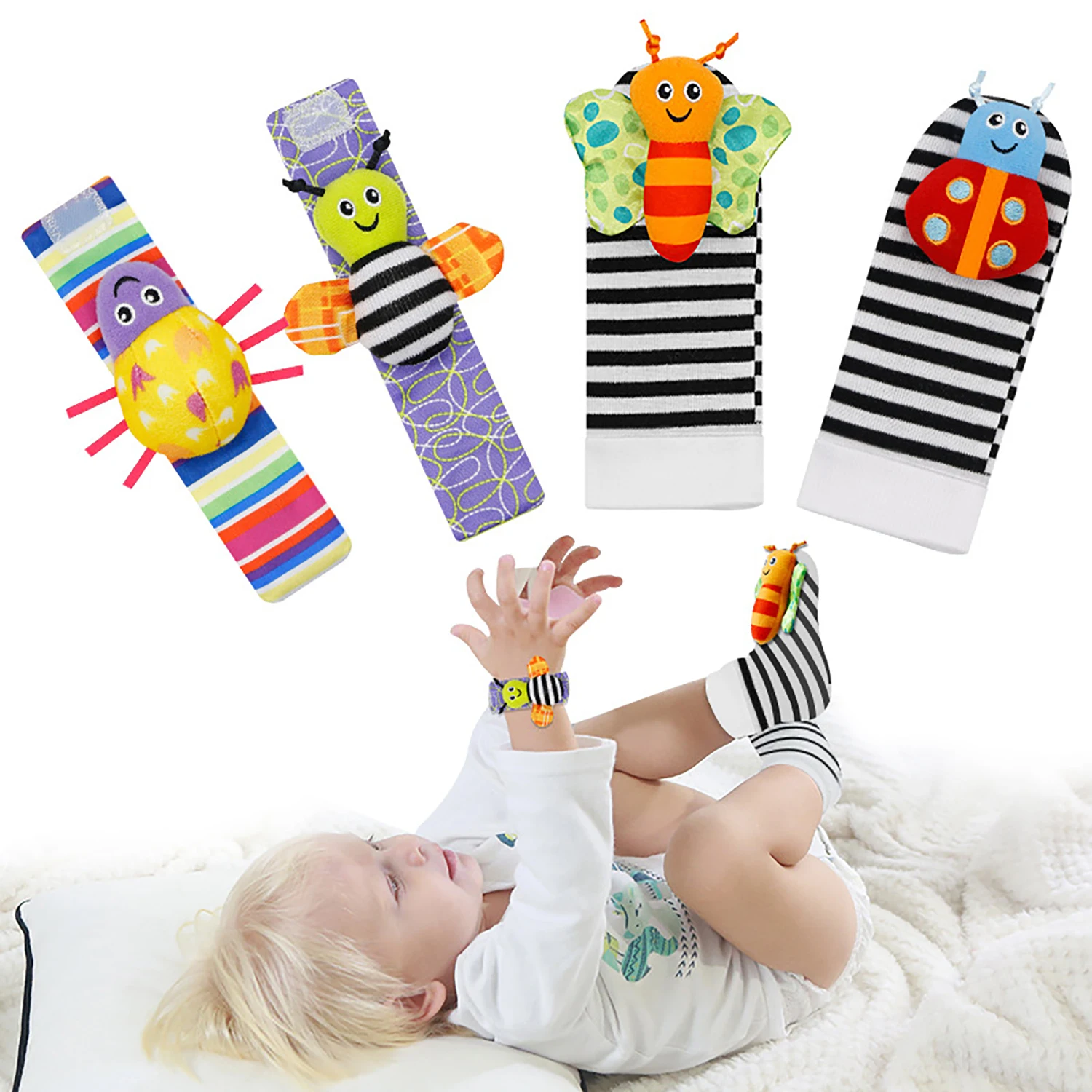 4-delige babyhorloges met polsbandjes, sokken en sokken, babypolsbandjes, rinkelende bellen, vroege educatie en puzzel