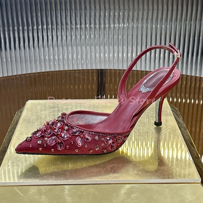 

Red Shiny Rhinestone Decor Pointed Stiletto Sandals Women Crystal Back Strap Slingback High Heels Luxury Sexy Party Dress Shoes