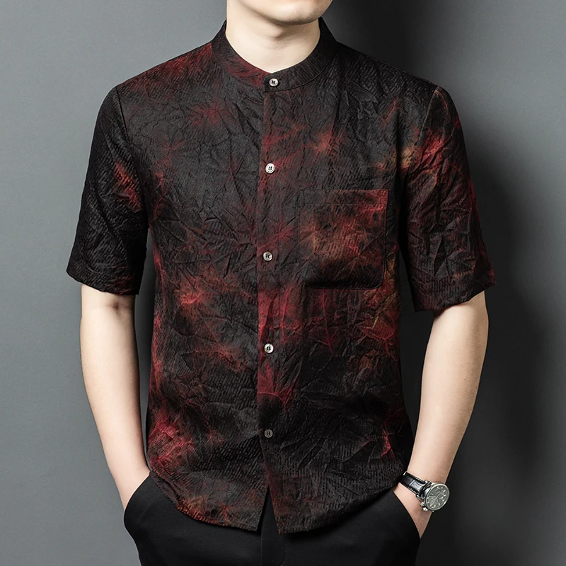 

Silk 100% Skin-Friendly Shirts For Men Luxurious Jacquard Loose Summer Quality Gambiered Canton Gauze Coolness Camisas De Hombre