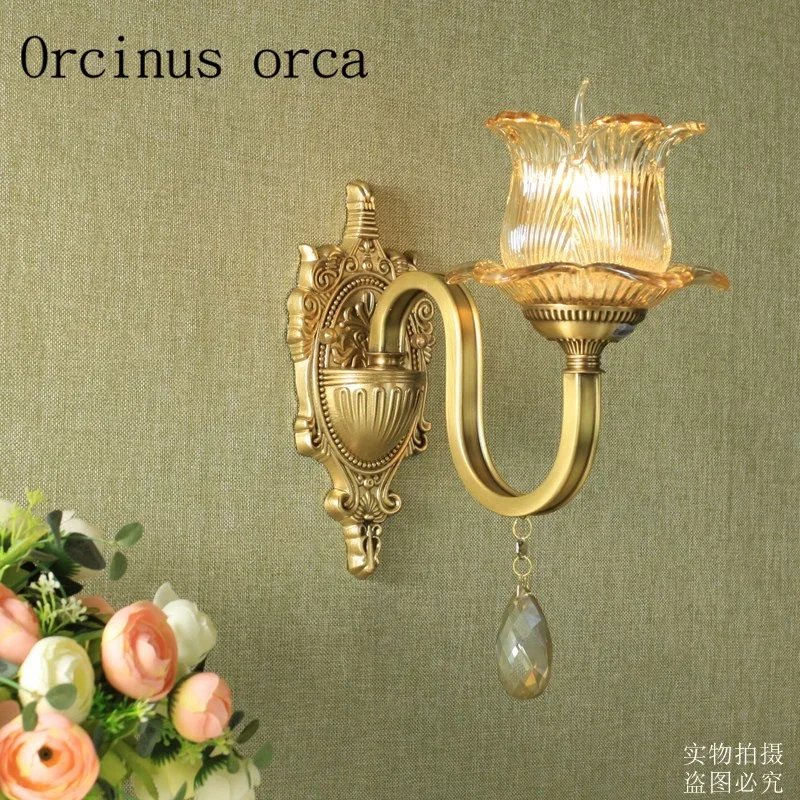 European style all copper crystal wall lamp living room dining room American vintage glass wall lamp free shipping