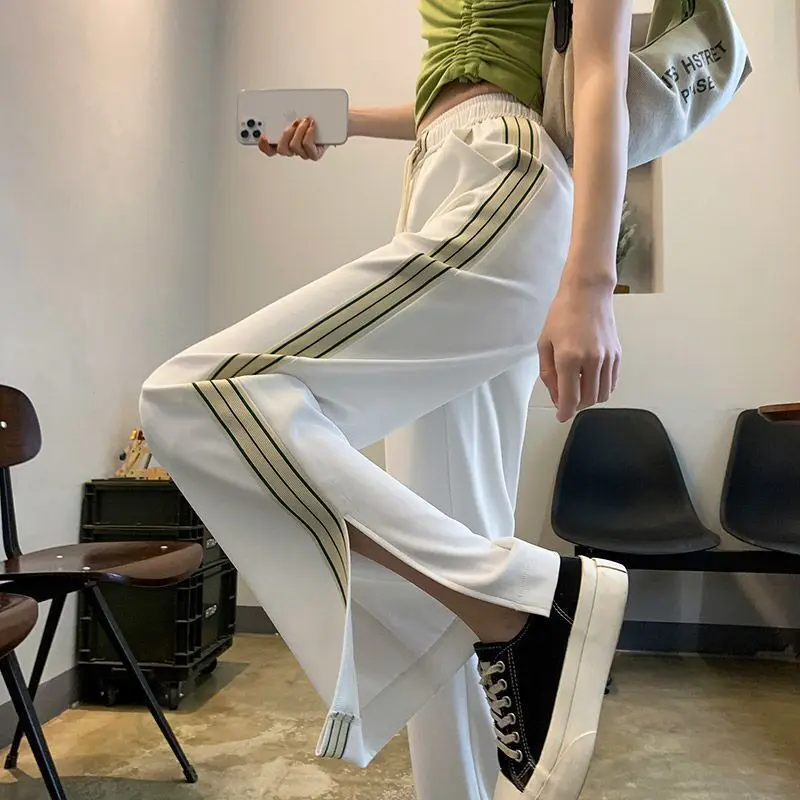 Women Clothes Summer Trendy Side Striped Harajuku Streetwear Y2K Wide Leg Pants Female High Waist Straight Trousers Pantalones