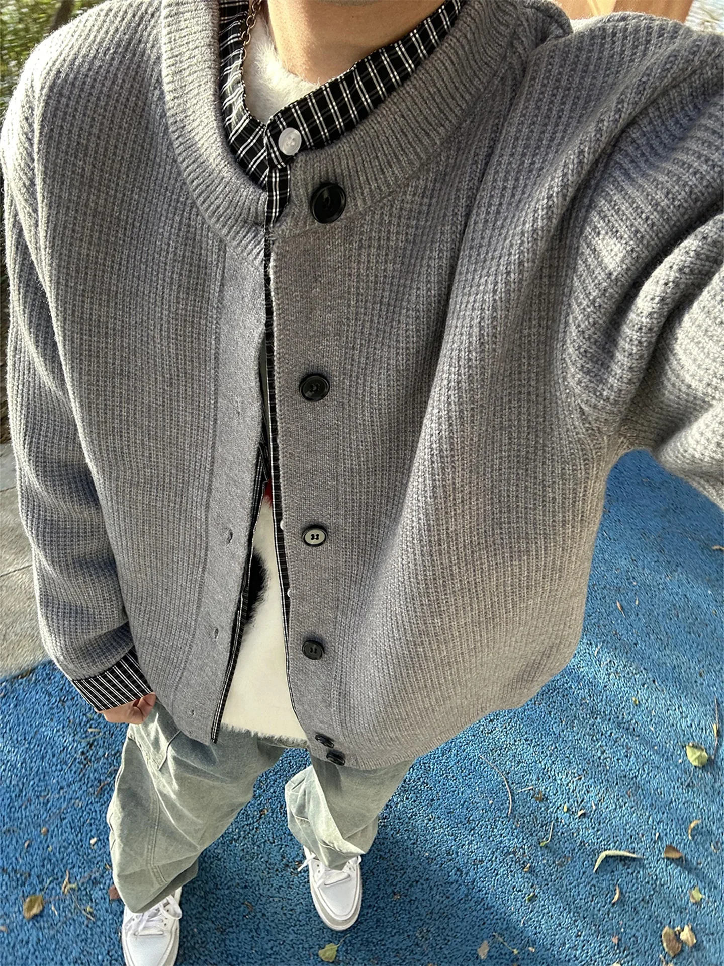 

ay Knitted Sweater Fake Two-Piece Men's Winter Thiened Color Blo Collar Plaid Splicing Casual Sle Teenage Outerwear