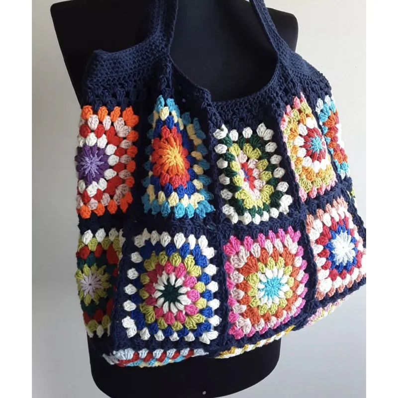 Navy/White Granny Square Crochet Woven Shoulder Bag Colorful Flower Checked Cute Purse Boho Hippie Handbag For Women