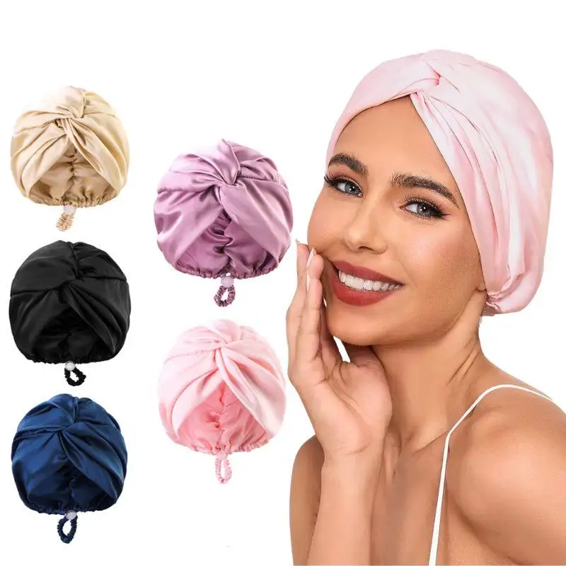 

Hot Silk Turban Bonnets For Women Satin Bonnet Hat Double Layer Hair Wrap Adjustable Knotted Hat Care Turban Satin Sleep Hat