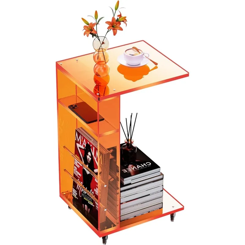 

Clear Acrylic Side Table on Lockable Wheels, C Shaped End Table for Sofa, Small Coffee Tables for Small Spaces (Orange)