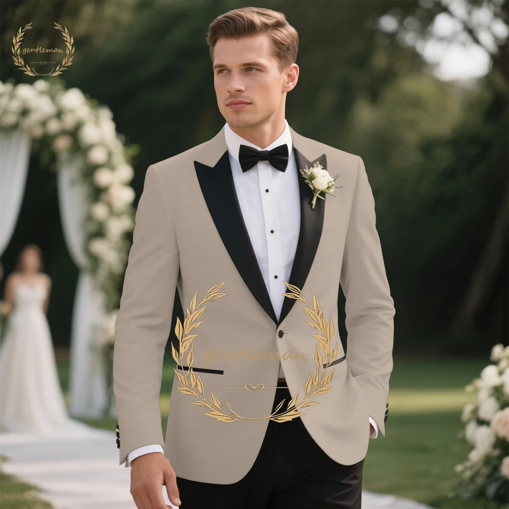 Black Peak Lapel Single Button Wedding Suit Set with Ivory Blazer & Pants Formal Groom Attire Contrast Custom Tailored