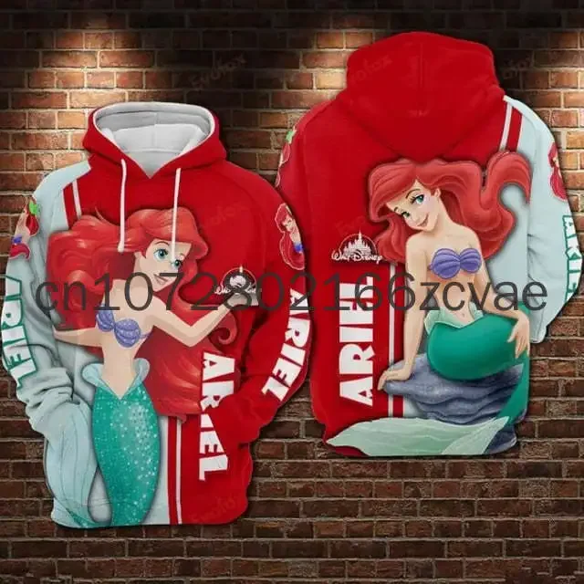 2024 New Disney Ariel Princess Hoodie 3D Printed Casual Fashion Street Y2K Men's and Women's Zipper Hoodie