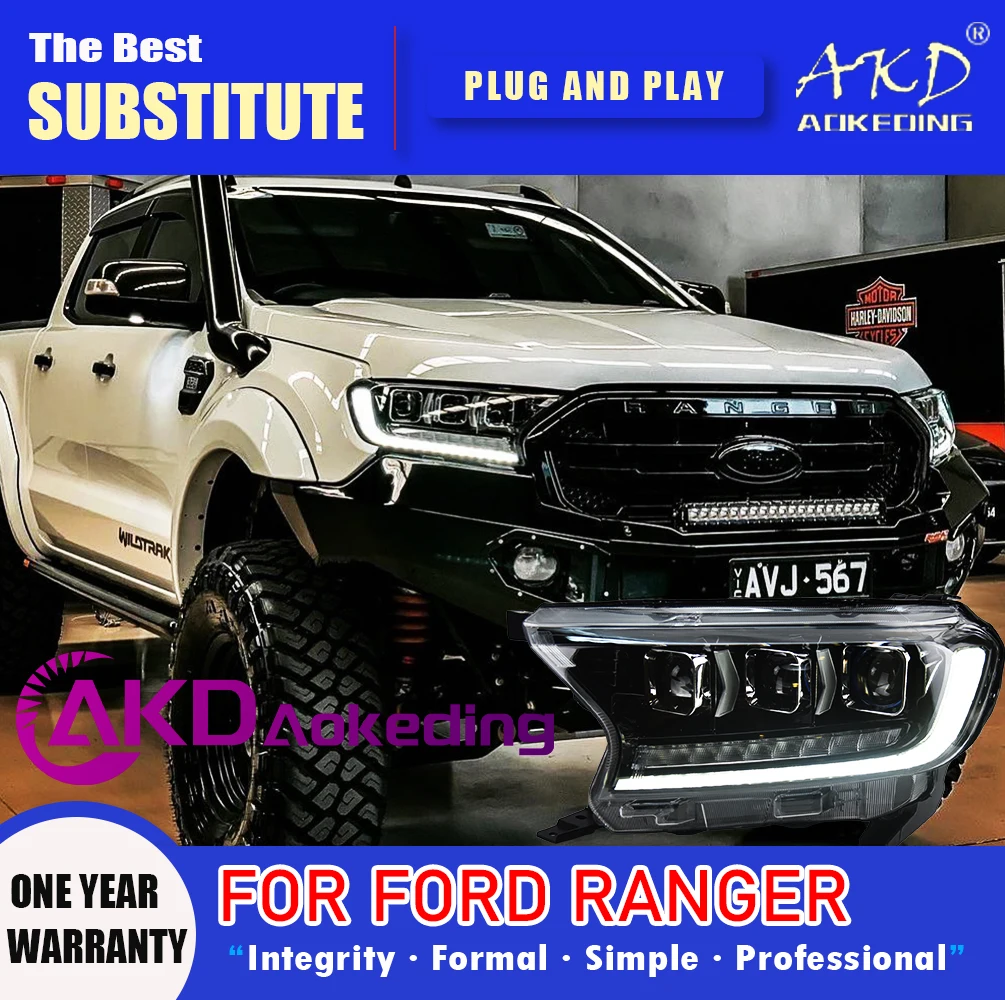 AKD Head Lamp for Ford Ranger LED Headlight 2016-2020 Headlights Ranger DRL Turn Signal High Beam Angel Eye Projector Lens