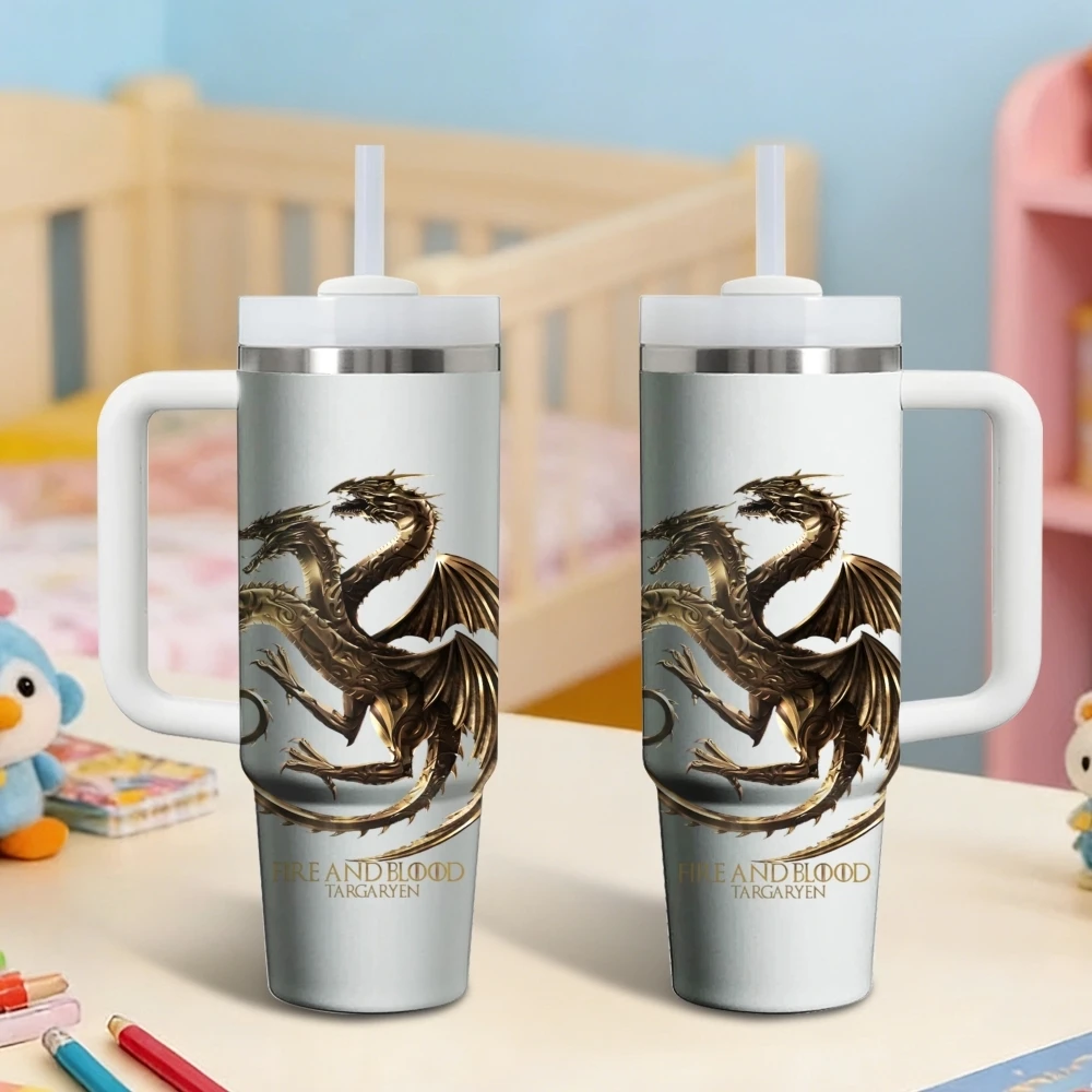 Termos de Juego de Tronos de 40 oz, Vaso Térmico de Acero Inoxidable con Asa y Pajita, Taza de Viaje Antiderrames