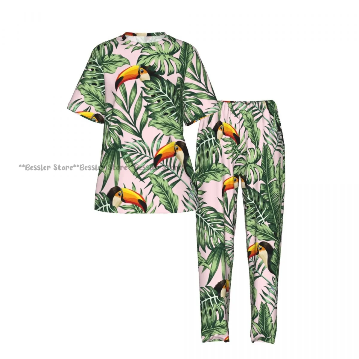 Women's 2-piece set Exotic Tropical Green Jungle Palm Monstera Leaves With Toucan Pajamas Short sleeved Top and Pants Sleepwear