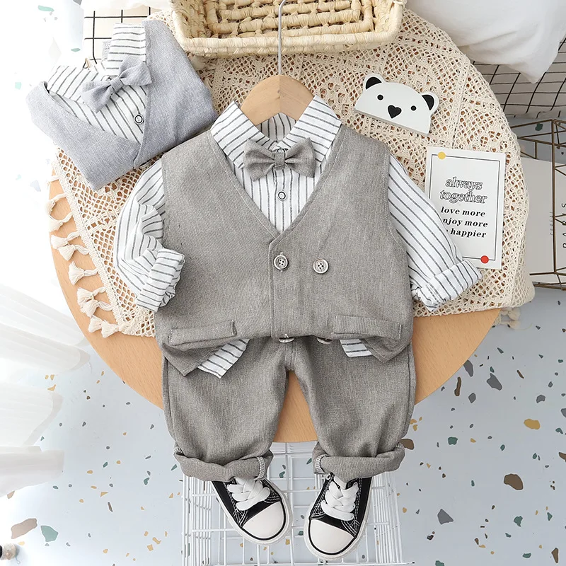 Spring Autumn Boys\' Casual Clothing Children\'s Suits Striped Shirt + Vest + Pants 3-Piece Set Baby Boy Clothes