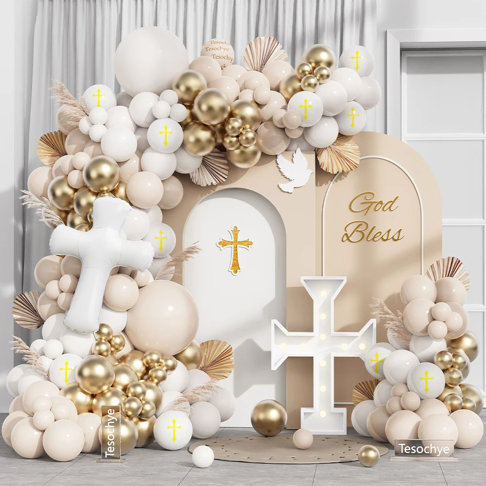 115 Stück God Bless Taufe Ballon Girlande Kit Sand Weiß Metall Gold Ballon Erstkommunion Christlicher Geburtstag Party Dekor