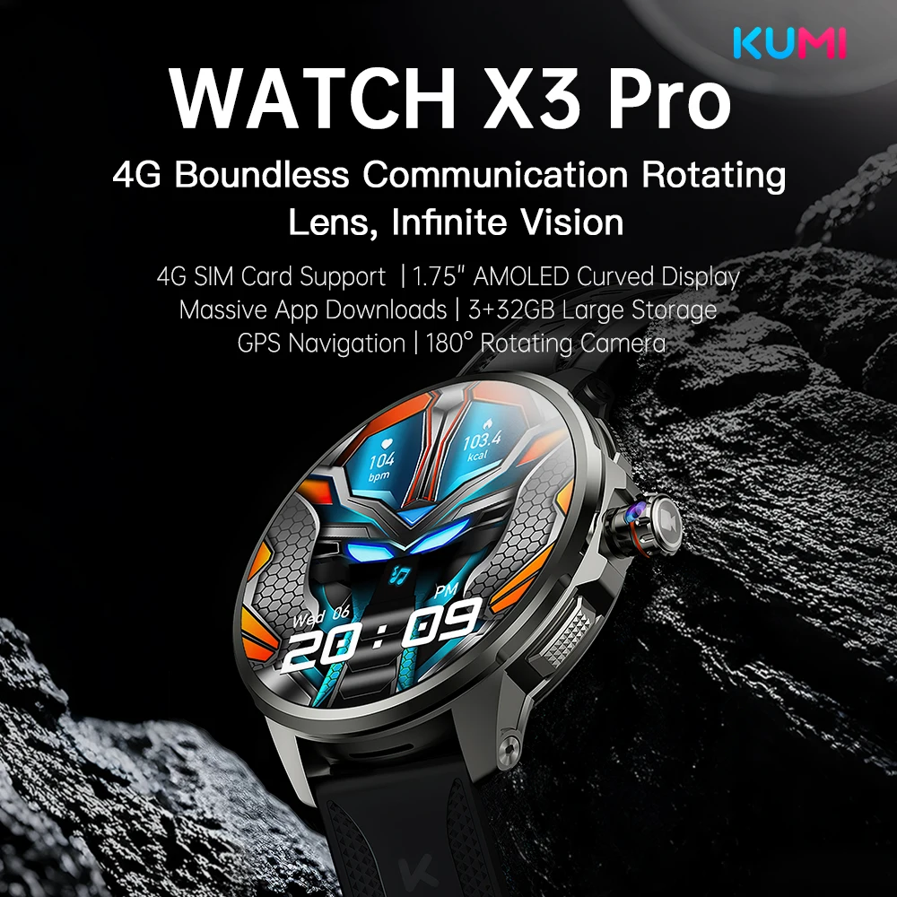 

KUMI WATCH X3 Pro 4G Smartwatch Android 4GB+32GB 1.75" AMOLED HD Video call 1100mAh GPS WiFi Face Unlock for Men Women
