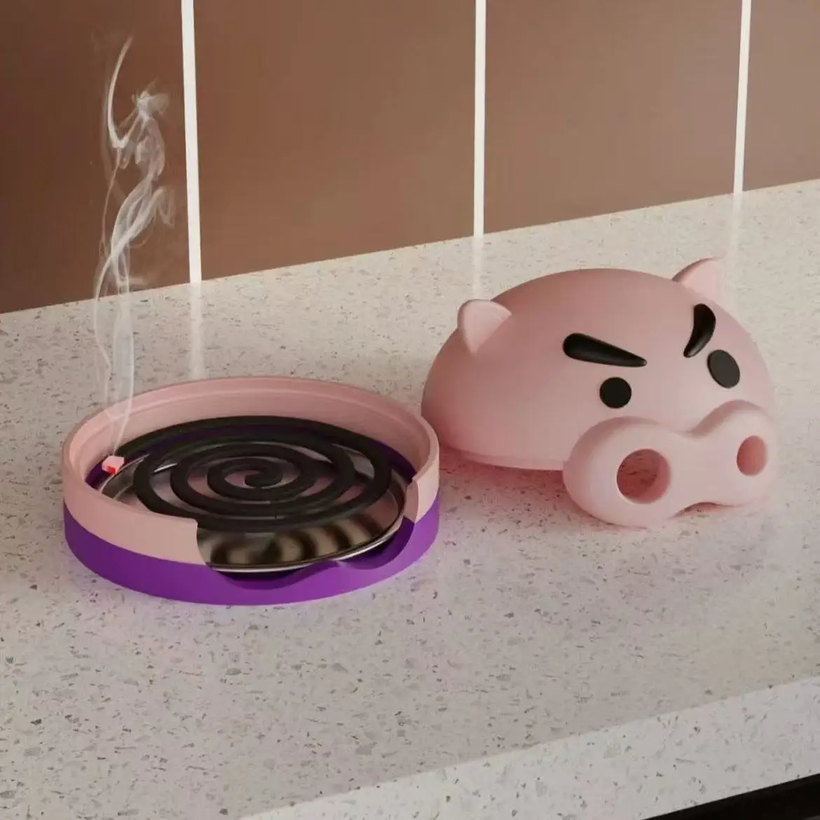Niedlicher Schweinchen-Mückenspiralhalter mit winddichtem Plastikdeckel, abnehmbarer feuerfester Metallschale für Haus und Terrasse – Detail 7