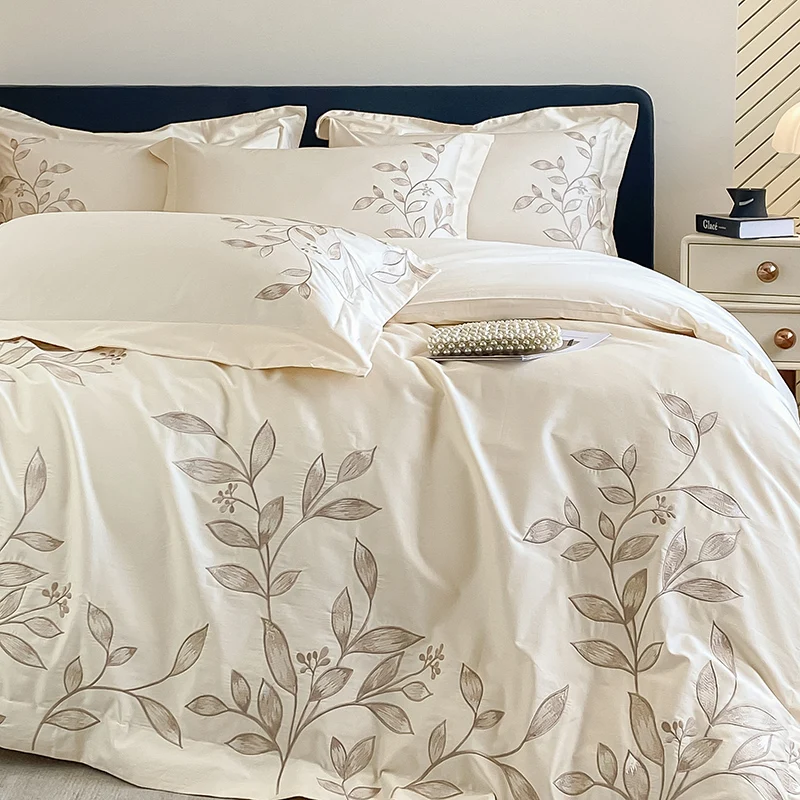 

Milkshake White Flowers Embroidery Luxury Queen King Size Bedding Set 100% Egyptian Cotton Duvet Cover Set Bed Sheet Pillowcases