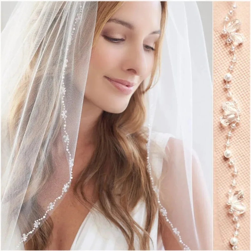 

Wedding Veil With Crystal Edge One Layer Pearls Beaded Short Bridal Accessories