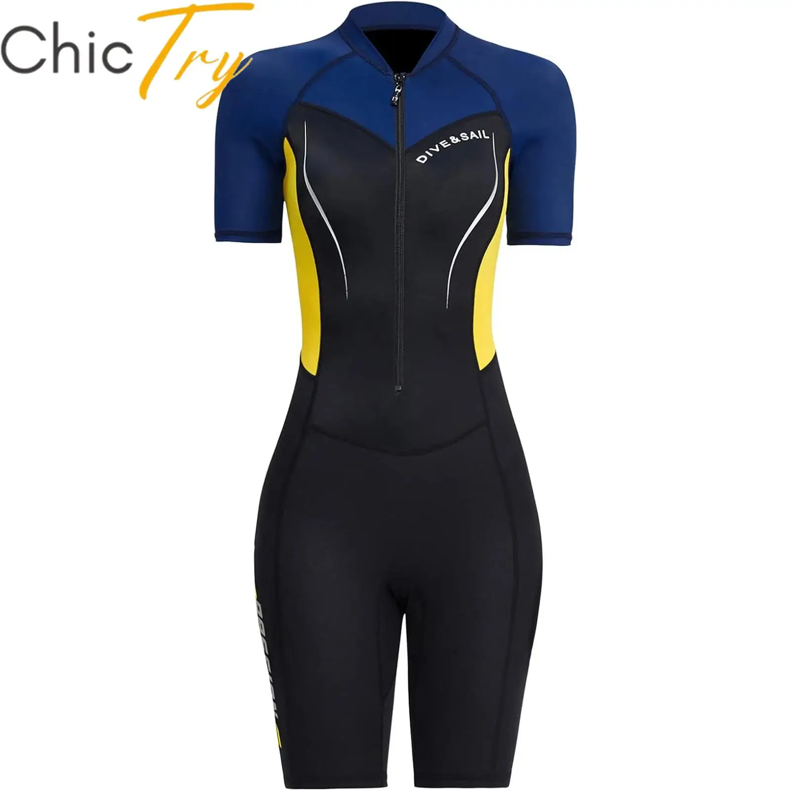 

Womens 1.5mm Neoprene One Piece Athletic Swimsuit Short Sleeves Front Zipper Wetsuit Snorkeling Swimwear Surfing Bathing Suit