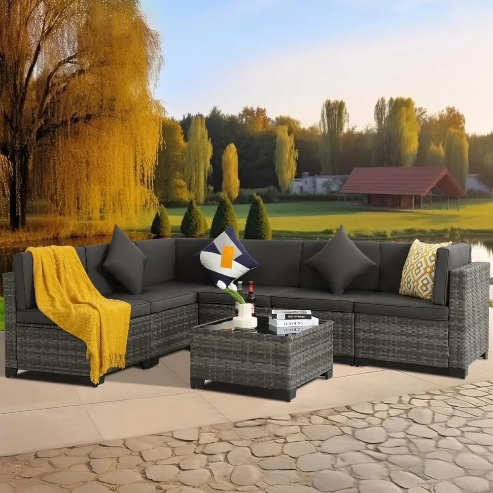 

7 Piece Outdoor Patio Furniture Set, Outdoor Sectional Furniture, Rattan Chairs Glass Table Wicker Seating Sectional Sofa