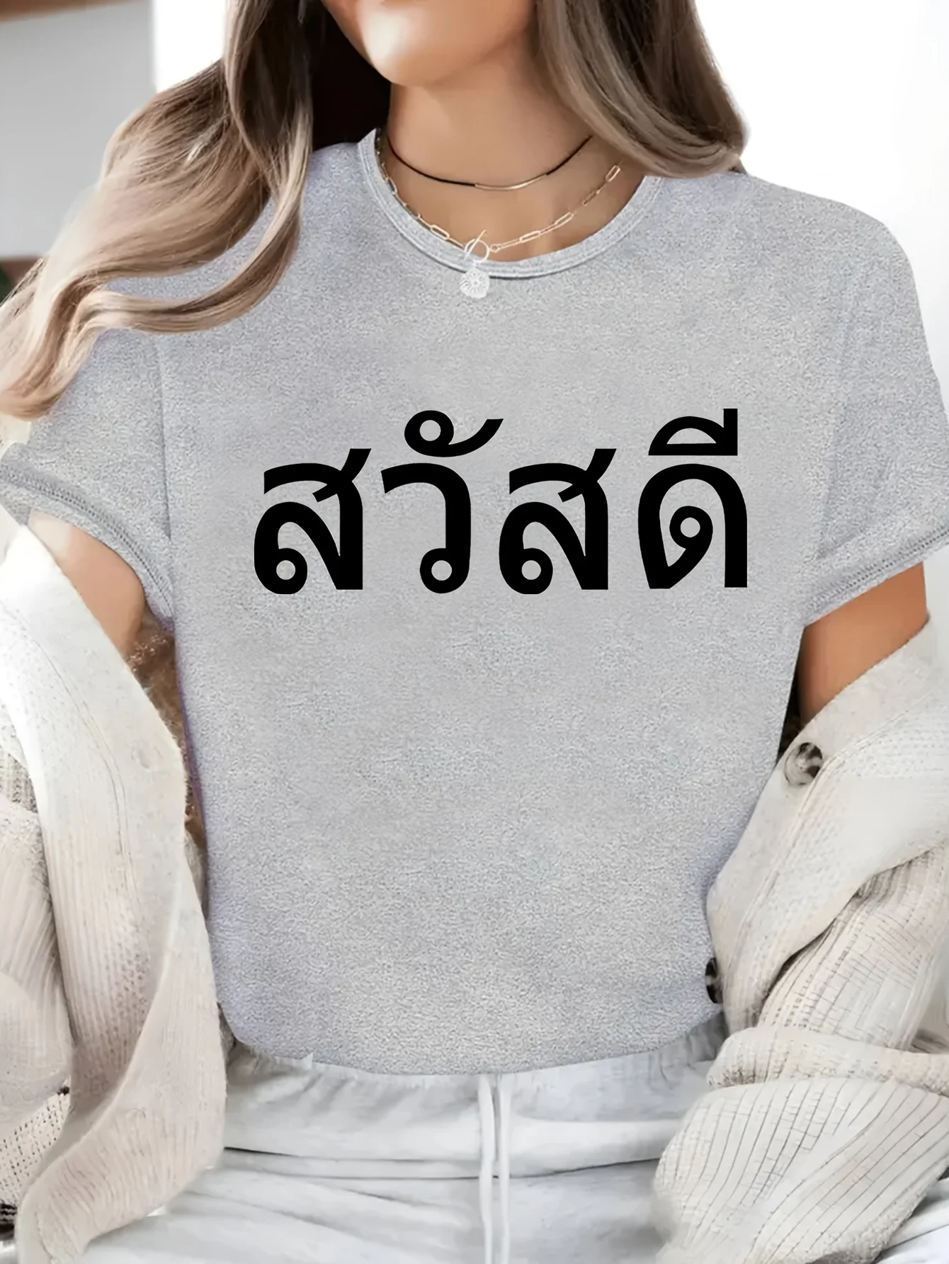 تي شيرت نسائي كاجوال بأكمام قصيرة مع نص تايلاندي وطباعة هندسية صيفية بأكمام قصيرة ملابس هاراجوكو ملابس الشارع الشهير تي شيرت #2